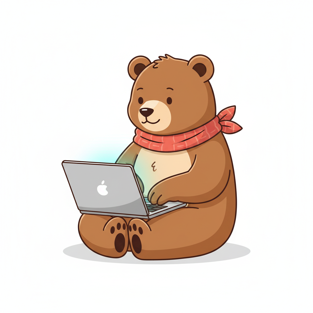 Buster the Bear working on a laptop